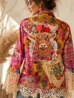 Upcycled Boho Floral Patchwork Jacket with Highland Cow Motif - One Of A Kind